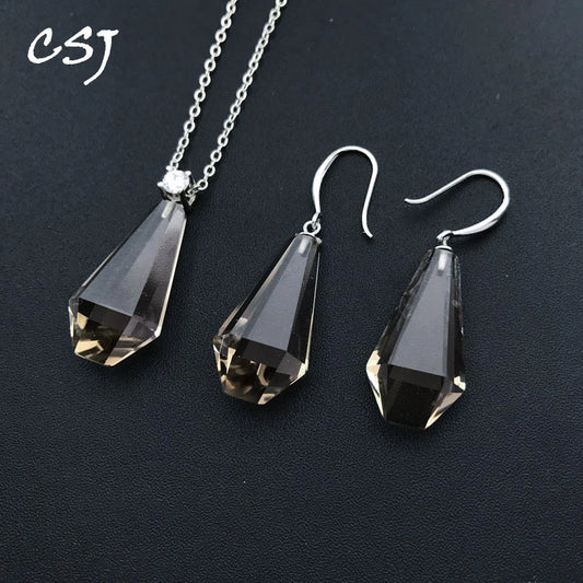 Big Stone Smoky Quartz Jewelry Sets Sterling 925 Silver Natural Gemstone14*26mm for Women Birthday Party Trendy Jewelry Gift