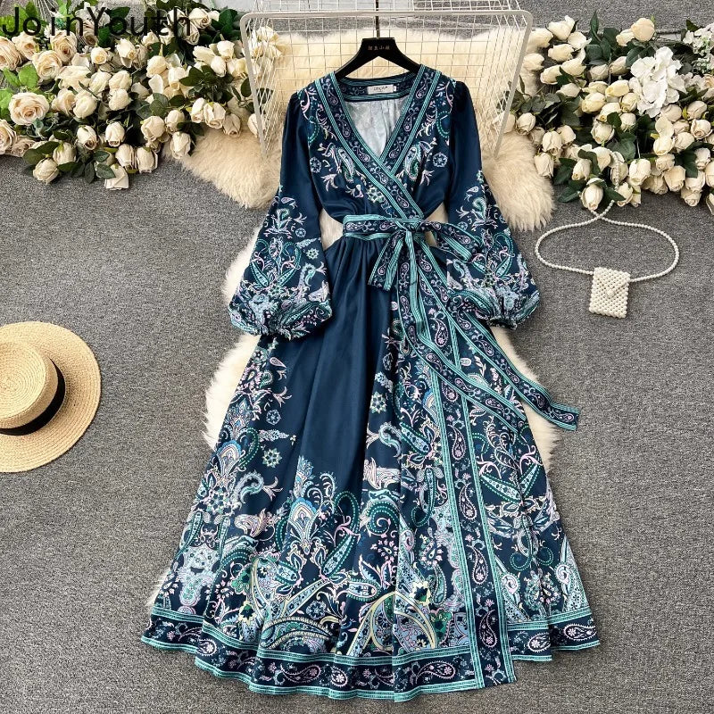 Vintage Women Party Dress Lantern Sleeve Bandage Slim Waist Print Long Robe Femme Vestidos De Mujer Big Swing Maxi Dresses