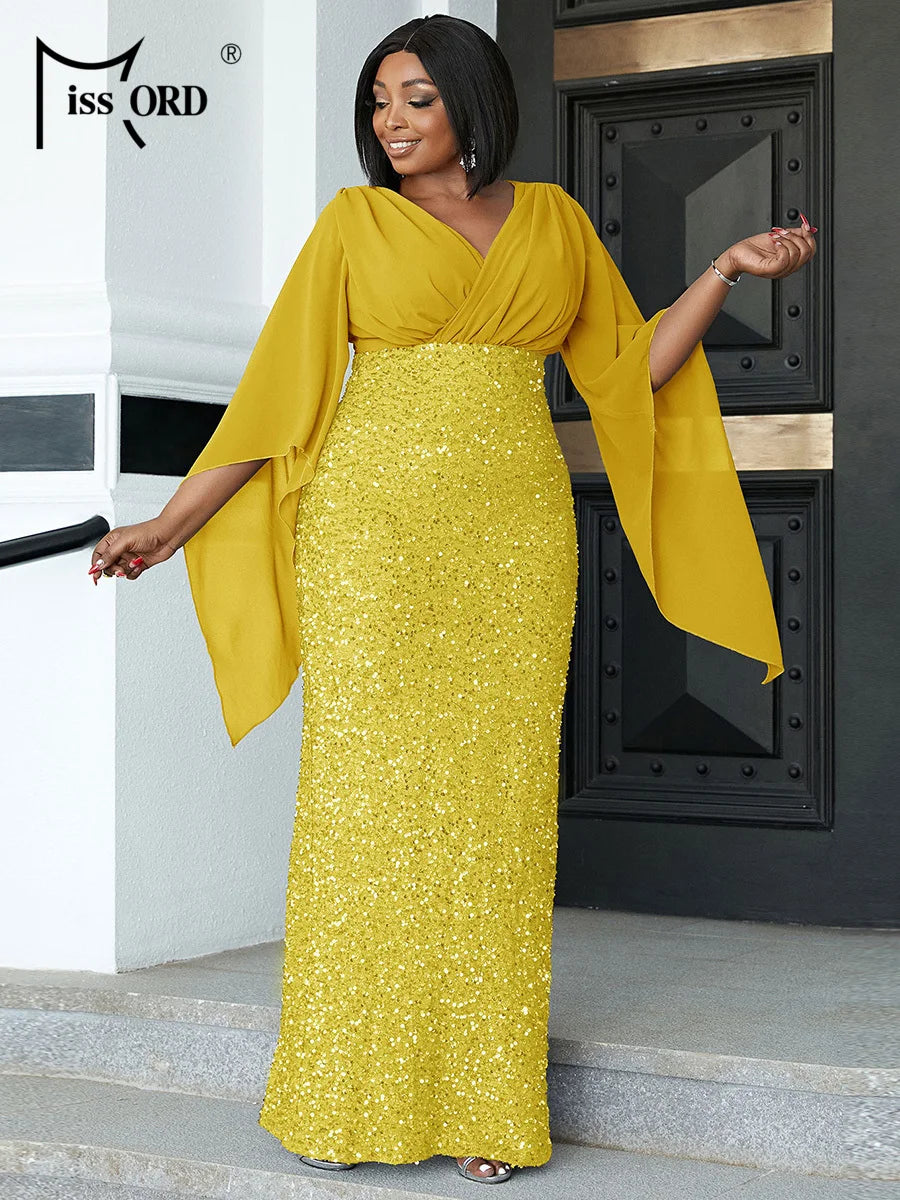 Missord Yellow Sequin Plus Size Wedding Party Dress Elegant Women V Neck Flare Sleeve Bodycon Prom Dresses Long Evening Gown