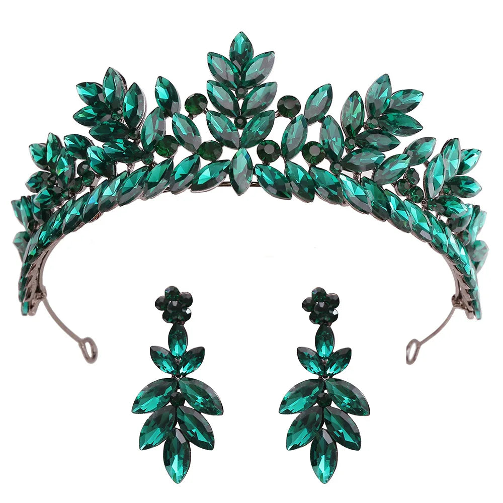 Vintage Black Metal Green Red Crystal Opal Tiara For Women Wedding Party Dress Elegant Queen Bridal Bride Crown