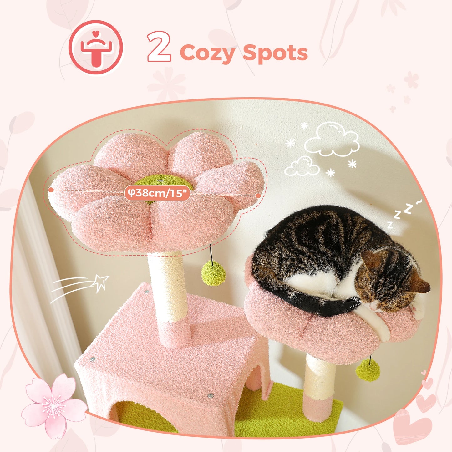 184cm Large Cat Tree Tower for Indoor Cats With Sisal-Covered Scratching Posts Spacious Hammock Padded Perches and Condos Pink