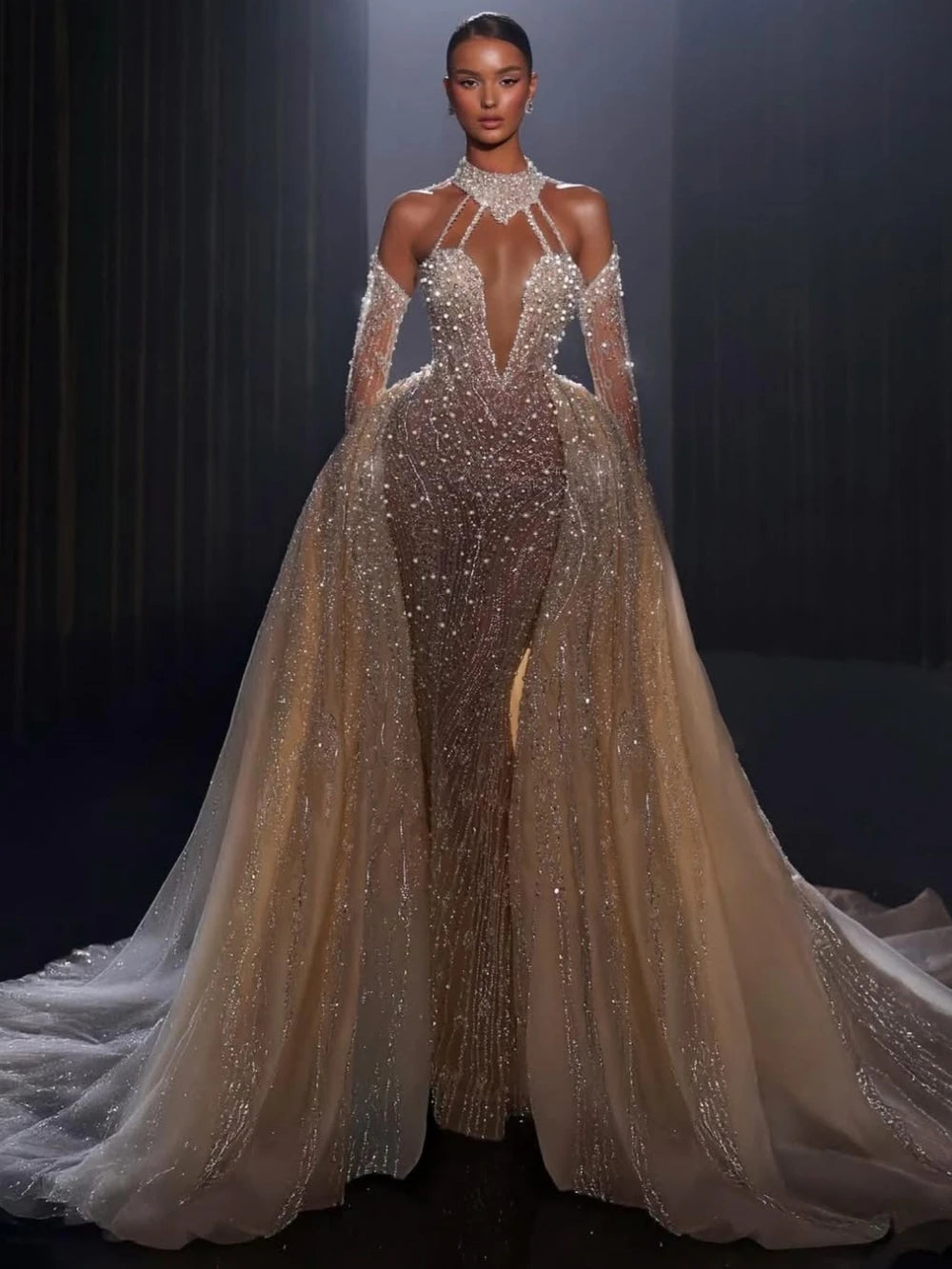 Luxury Detachable Train Sleeve Wedding Dress Shiny Beaded Pearls Bridal Gown Customized Sexy illusion Mermaid Dresses For Bride