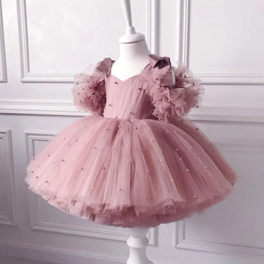 0-5Y baby girl dress baby dress dress christening dress pearl mesh princess dress tutu bow birthday party dress baby girl dress