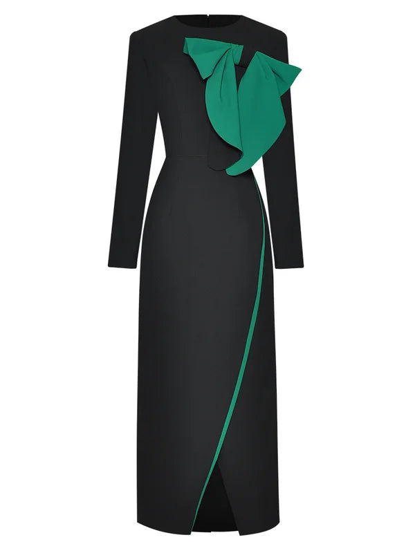 Bow Spliced Formal Dresses For Women Round Neck Long Sleeved Mid Length Contrast Slim Party Dress New Clothing