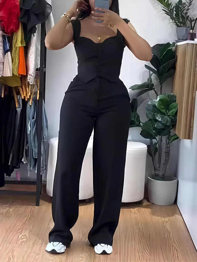 Chic Women Suit Sexy Two Piece Set Summer Sleeveless Slim Vest And Wide-leg Trouser Sets Elegant Solid Pants Women's Outfit