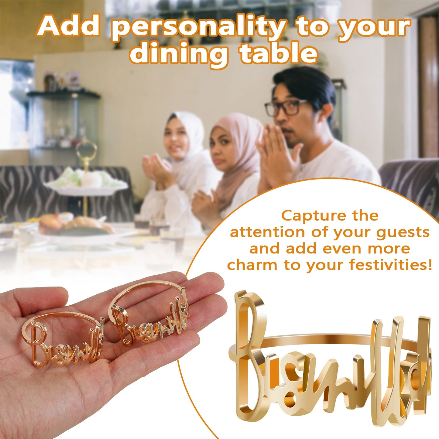 24pcs Bismillah Letter Metal Napkin Rings, Alphabet Napkin Buckles Holder Table Decoration for Wedding, Party, Ramadan, Banquet