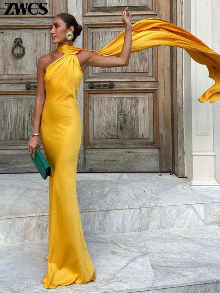 Elegant Satin Ribbon Halter Party Dress Women Sexy Backless Off Shoulder Sleeveless Dresses Spring New Famale Solid Robes