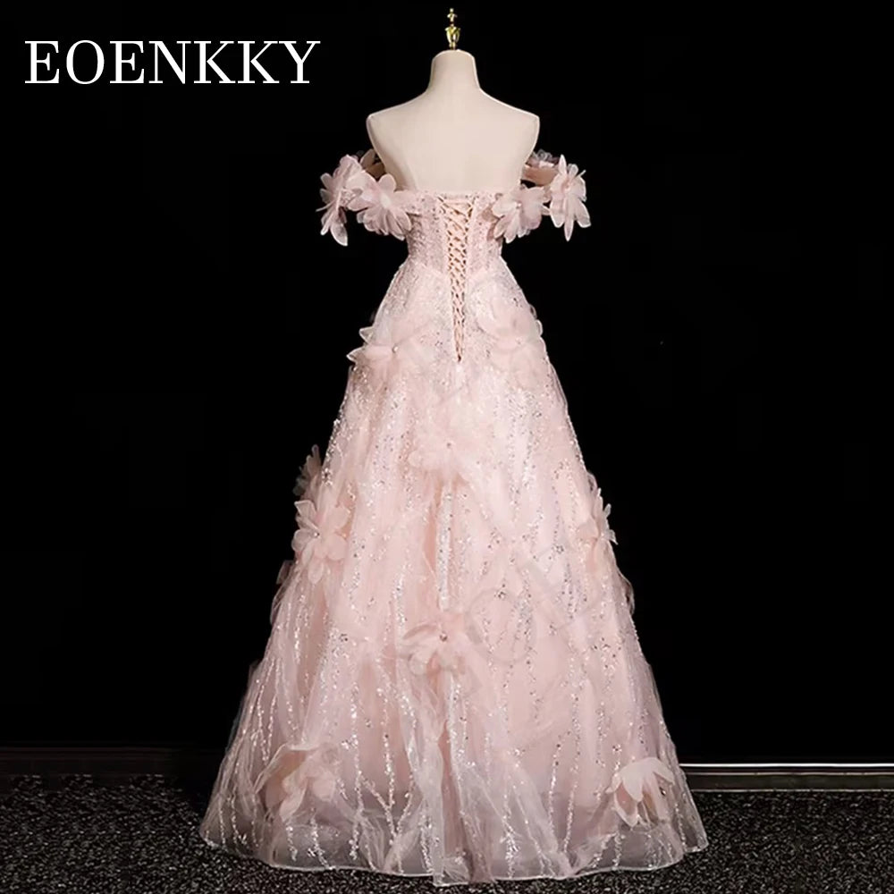 Luxury Floral Sequined Prom Dresses Pink Off The Shoulder A Line Backless Wedding Party Dress Floor Length.