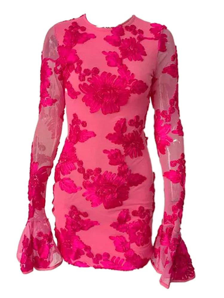 Glam Rose Pink Floral Backless Short Party Dress Elegant Party Dresses For Women Long Sleeve Embroidered Birthday Dress