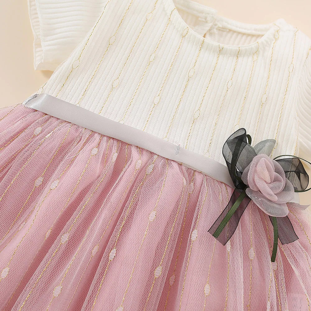 New Baby Girls Dress Short Sleeve Crew Neck Shaggy Flower Bow Netting Sweet Princess Dress Birthday Party Dress