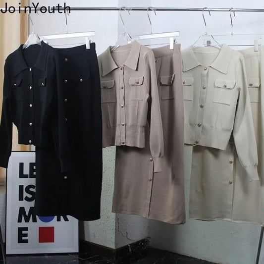 2025 Women's Clothing Knitted Two Piece Sets Vintage Cardigan Coats Bodycon Tunic Skirt Outfits Roupas Femme Chic Skirts Suit