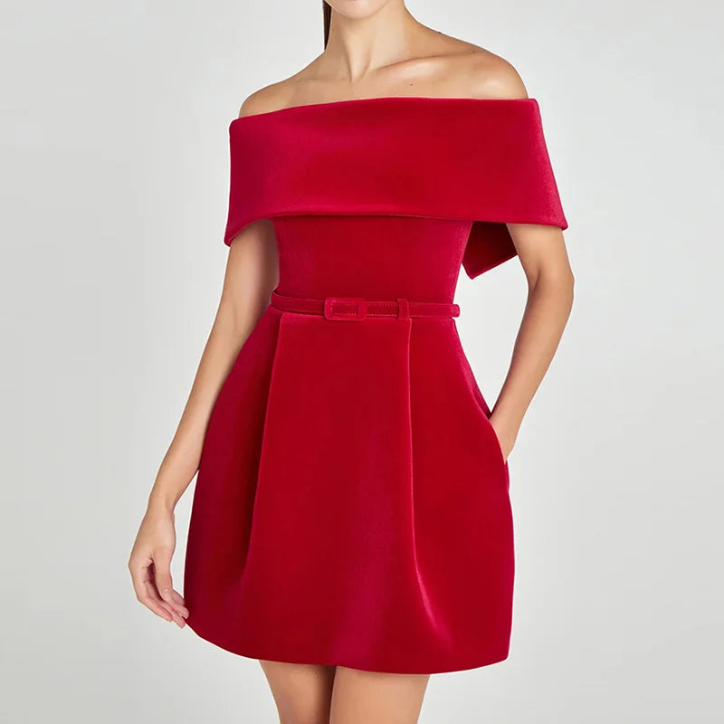 Slash Neck Off The Shoulder Solid Mini Dress, Women Spring Summer Patchwork Simple Party Dress, Short Sleeve Ladies Dress