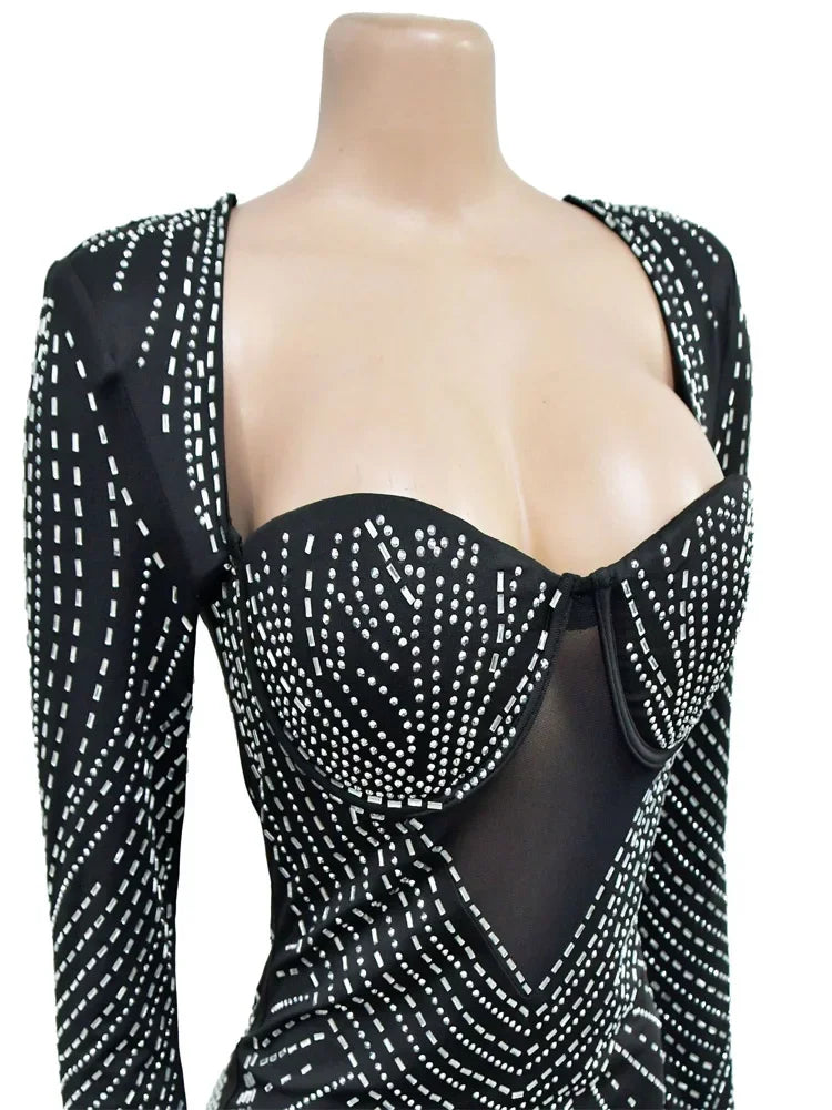 Beyprern Beautiful Black Rhinestone Padded Mini Dress Your Distraction Diamonds Party Dress Birthday Outfits Night Out Wear Robe
