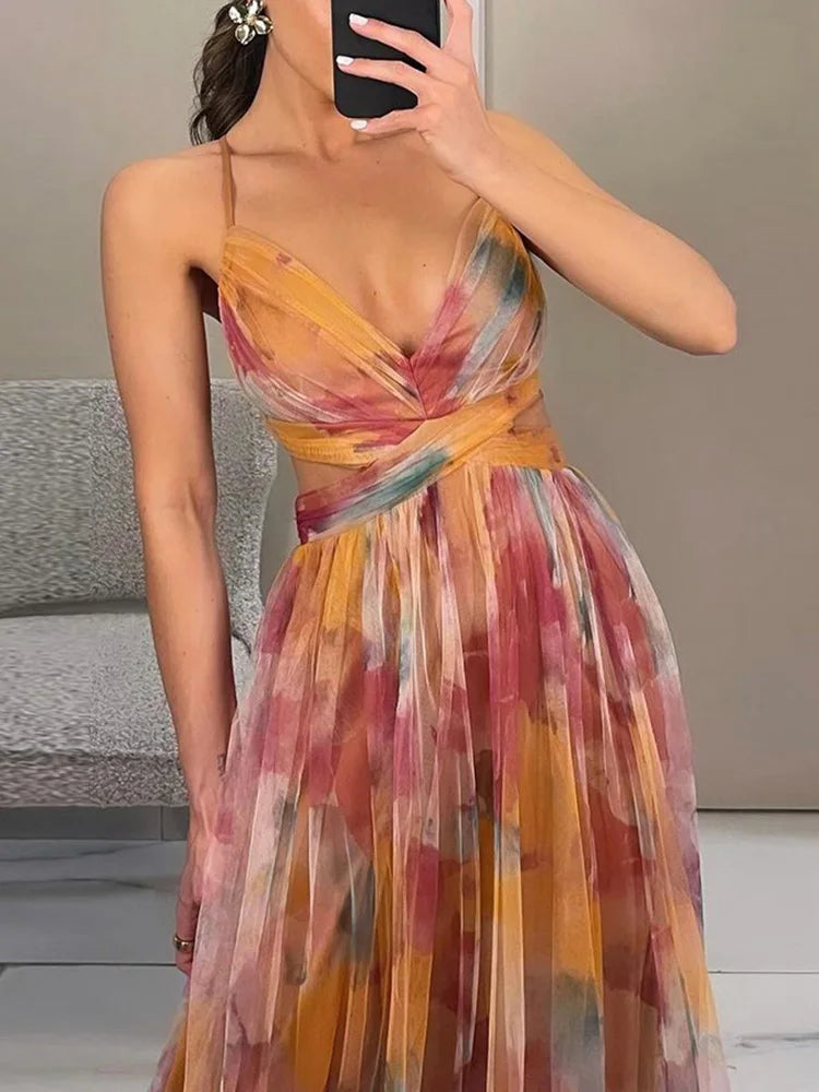 V-Neck Sexy Hollow Out Party Dress, Women Summer Loungewear Fashion Printing Maxi Dress, Sleeveless Lace-Up Ladies Dress Vestido