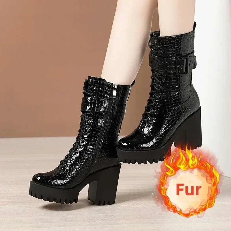 10cm Small Size 32-43 ELegant Block High Heels Boots Patent Leather Shoes 2024 Winter Thick Buckle Platform Botas with Fur