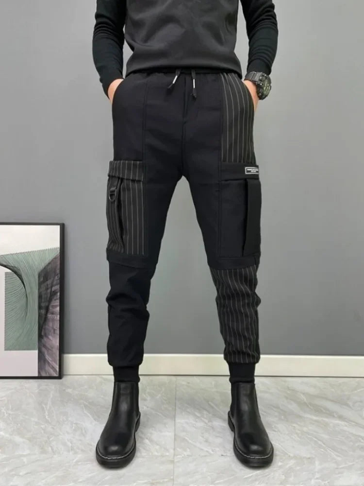 Black Men's Harem Cargo Pants Splicing Autumn Winter Stripe Male Pencil Trousers Spandex Casual Cotton Korean Style Y2k Vintage