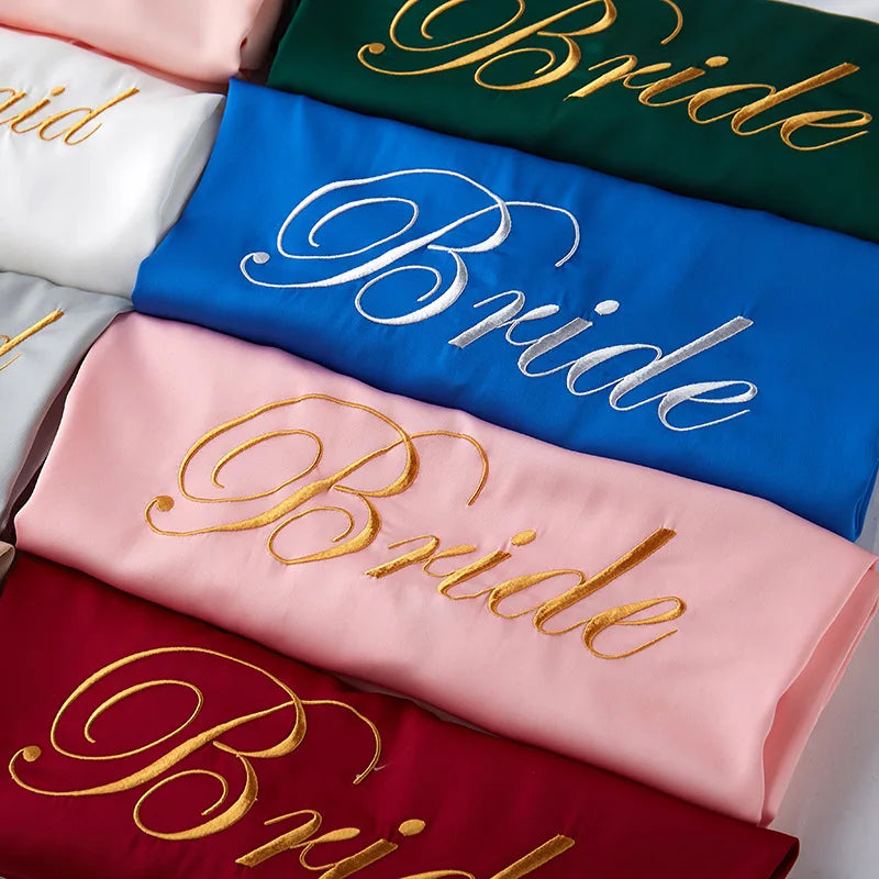 Bride Bridesmaid Morning Kimono Bathrobe Gown Embroidery Wedding Robe Nightgown Summer Female Nightdress Loose Satin Home Wear