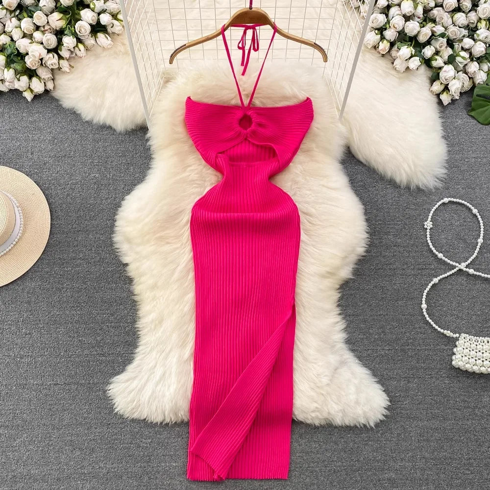 YuooMuoo Women Dress 2025 New Summer Fashion Sexy Package Hips High Split Knitted Bodycon Party Dress Vacation Beach Vestidos