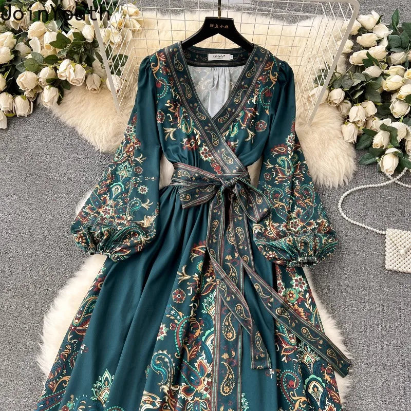 Vintage Women Party Dress Lantern Sleeve Bandage Slim Waist Print Long Robe Femme Vestidos De Mujer Big Swing Maxi Dresses