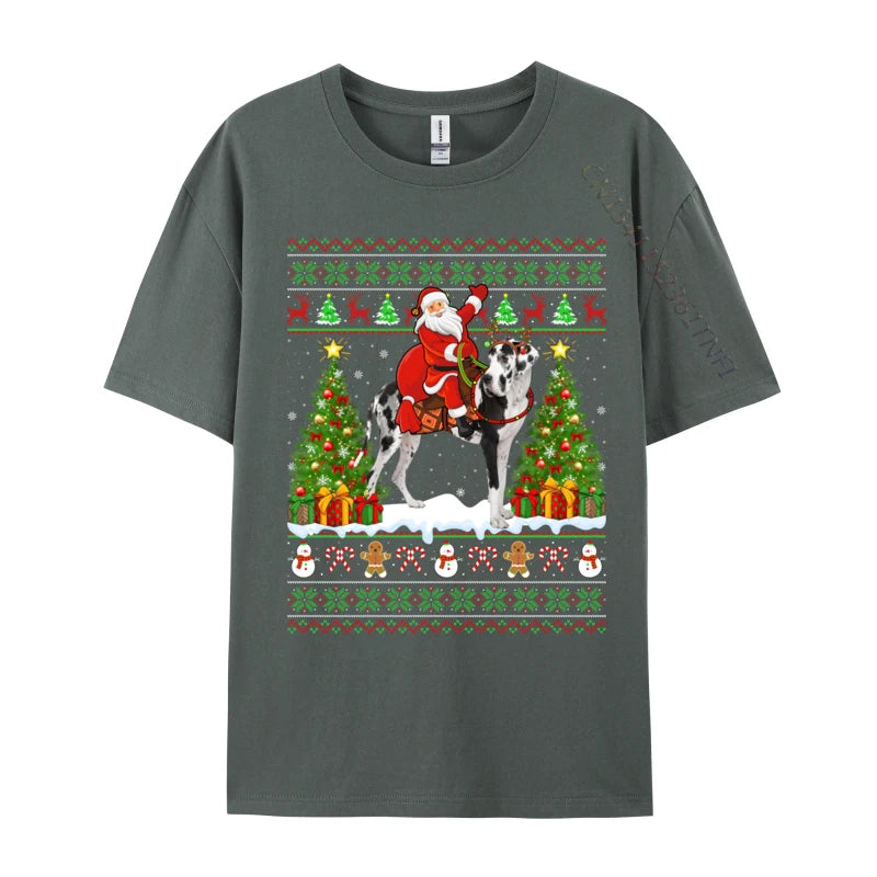 Xmas Sweater Ugly Santa Riding Great Dane Dog Christmas T Shirt Novelty Tees Classic Crew Neck T-Shirts Gift Idea Clothing