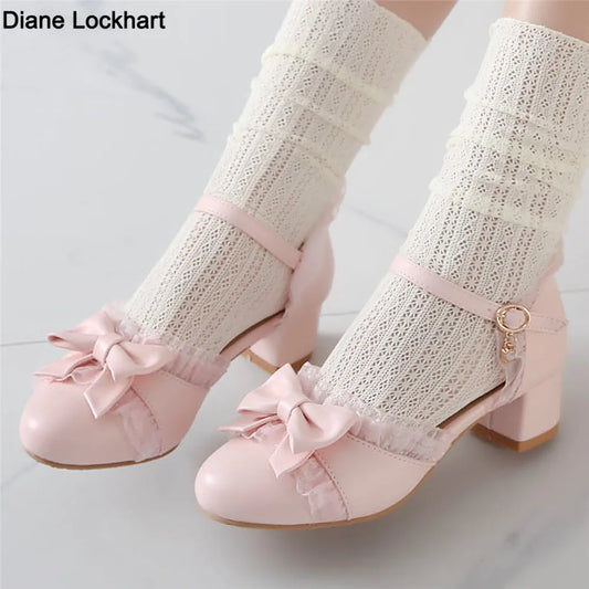 2025 Spring Women High Heels Mary Jane Pumps Party Wedding White Pink Beige String Bead Bow Princess Cosplay Lolita Shoes 31-43