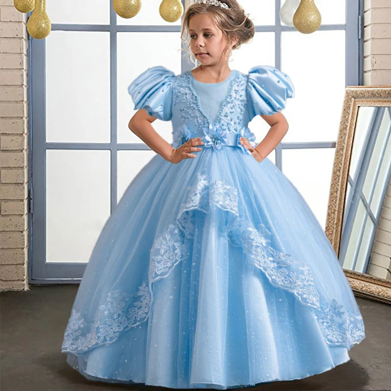 Elegant Girl's Birthday Party Dress for 4-12 Years Old Halloween Princess Dress New Bubble Sleeves Girl's Fluffy Dress