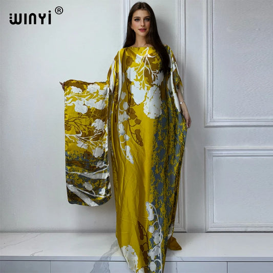 WINYI 2025 New African Women Dashiki boho print muslim woman dubai Free Size Design With Scarf Maxi Loose African Elegant Dress