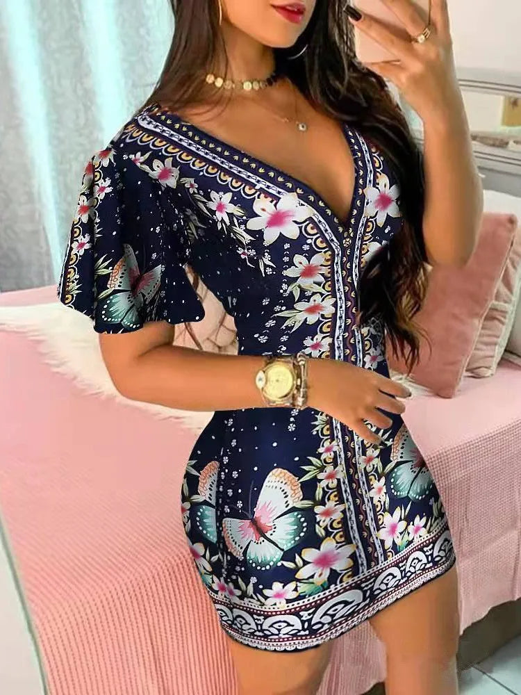 Summer Elegant Floral Print Bodycon Mini Dress Women Fashion Sexy Deep V-neck Package Hip Dresess Office Lady Party Dress