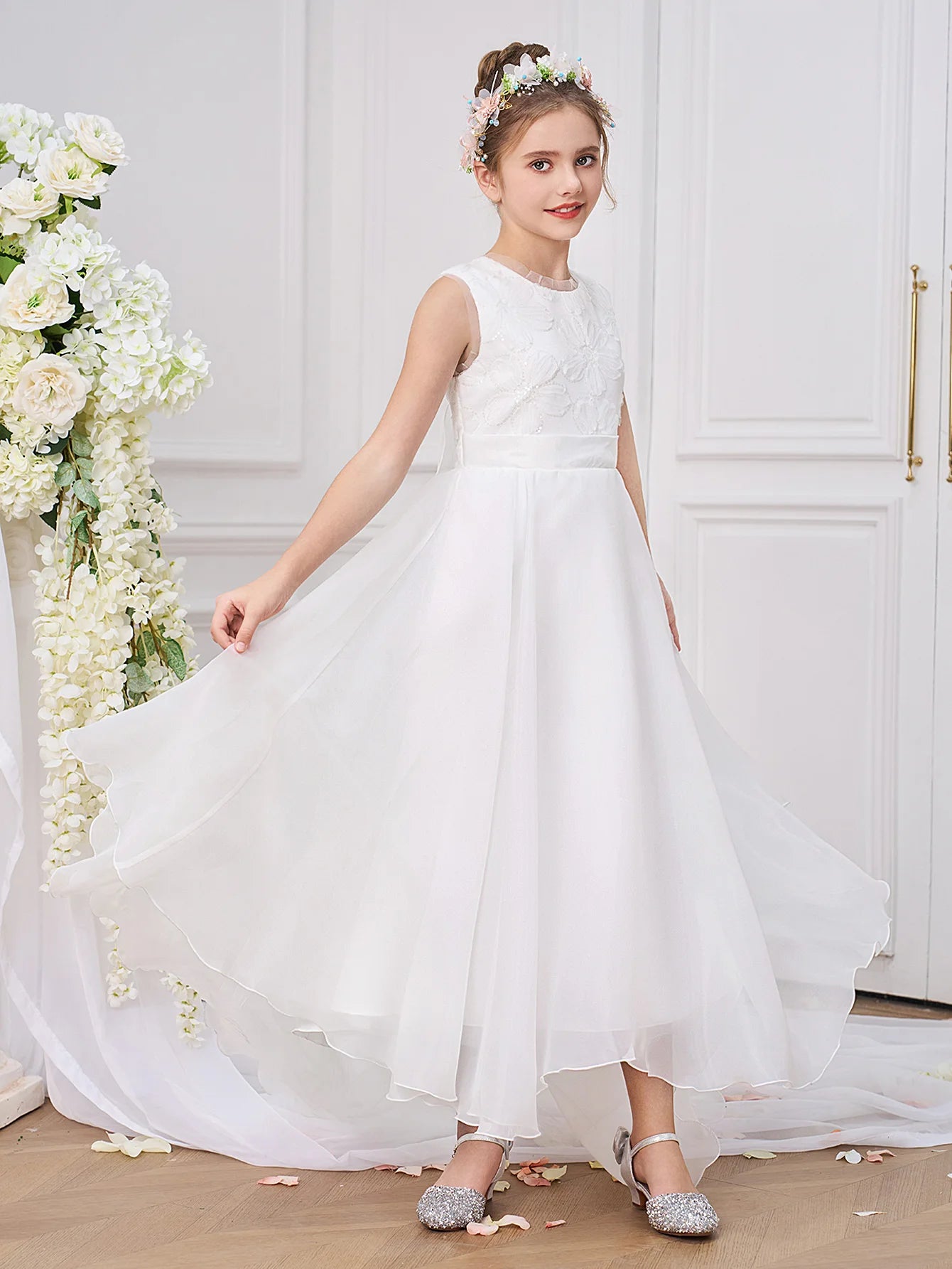 Fashion White Bridesmaids Party Girl Dress Elegant Flower Wedding Princess Prom Gown Kids First Communion Birthday Baptism Dress