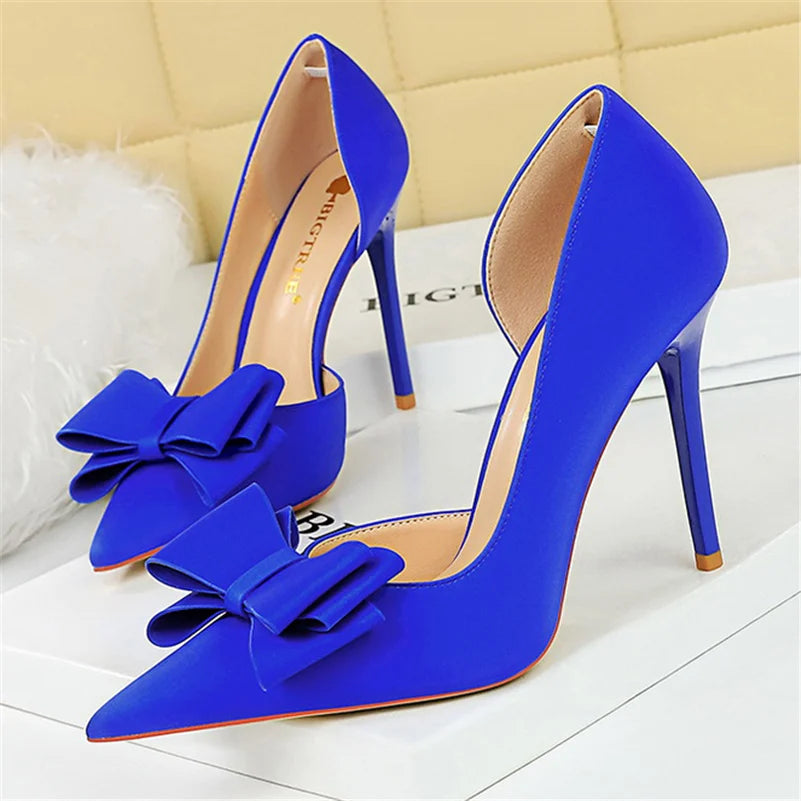 Women 10.5cm High Heels Satin Silk Butterfly Knot Purple Pumps Lady Wedding Bridal Escarpin Blue Green Peach Fashion Party Shoes