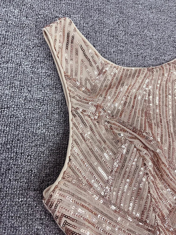 New Women's Round Neck Gorgeous Rose Gold Formal Party Dress Sequined Long Mermaid Skirt Evening Dress Vestido Coctel Vestido