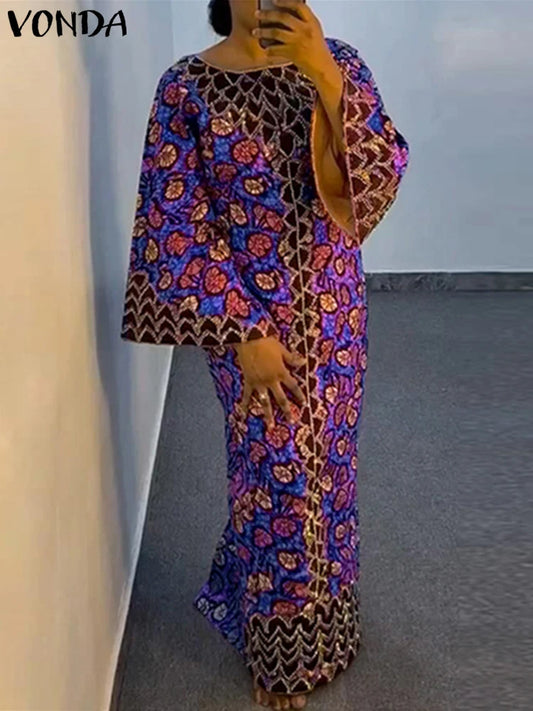 Plus Size VONDA Bohemian Dress Elegant Women Printing Sundress Vintage Flare Long Sleeve Maxi Vestidos O-Neck Robe Summer