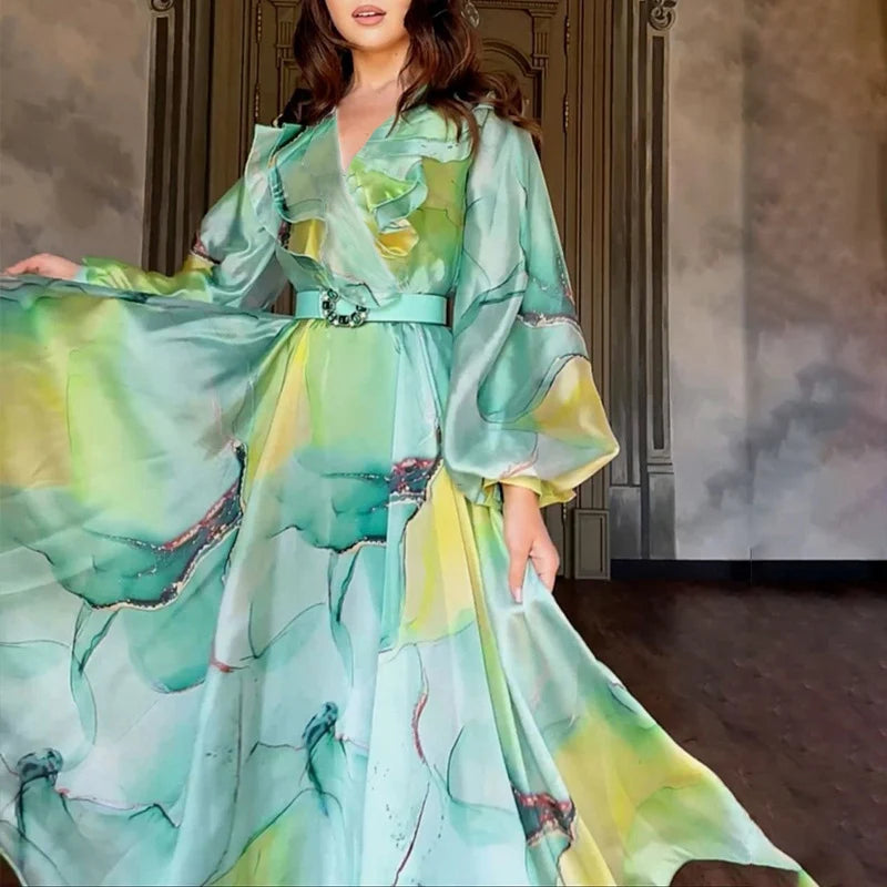 Spring Autumn Fashion Mesh Colorful Print Party Dress Women Elegant Long Sleeve Loose Hem Maxi Dress Commuting Lady Long Dresses