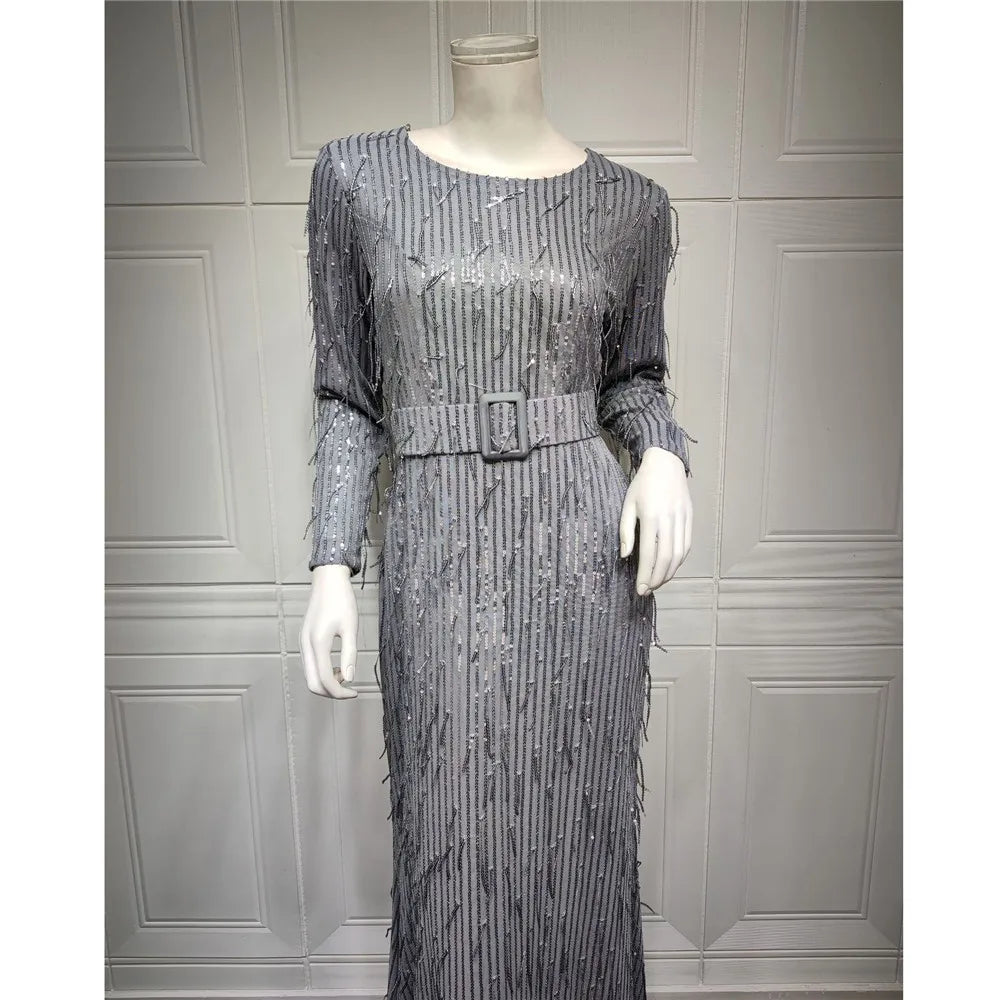 Luxury Sequin Evening Dress Party Maxi Dress Muslim Abaya Women Belted Dress Long Prom Dress Islamic Vestidos Dubai Wedding Gown