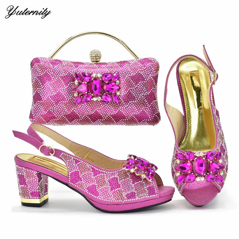 Fuchsia Color PU With Rhinestone Sandal Shoes And Purse Set Italian Design Pumps Shoes And Bag Set For Wedding 5Colors