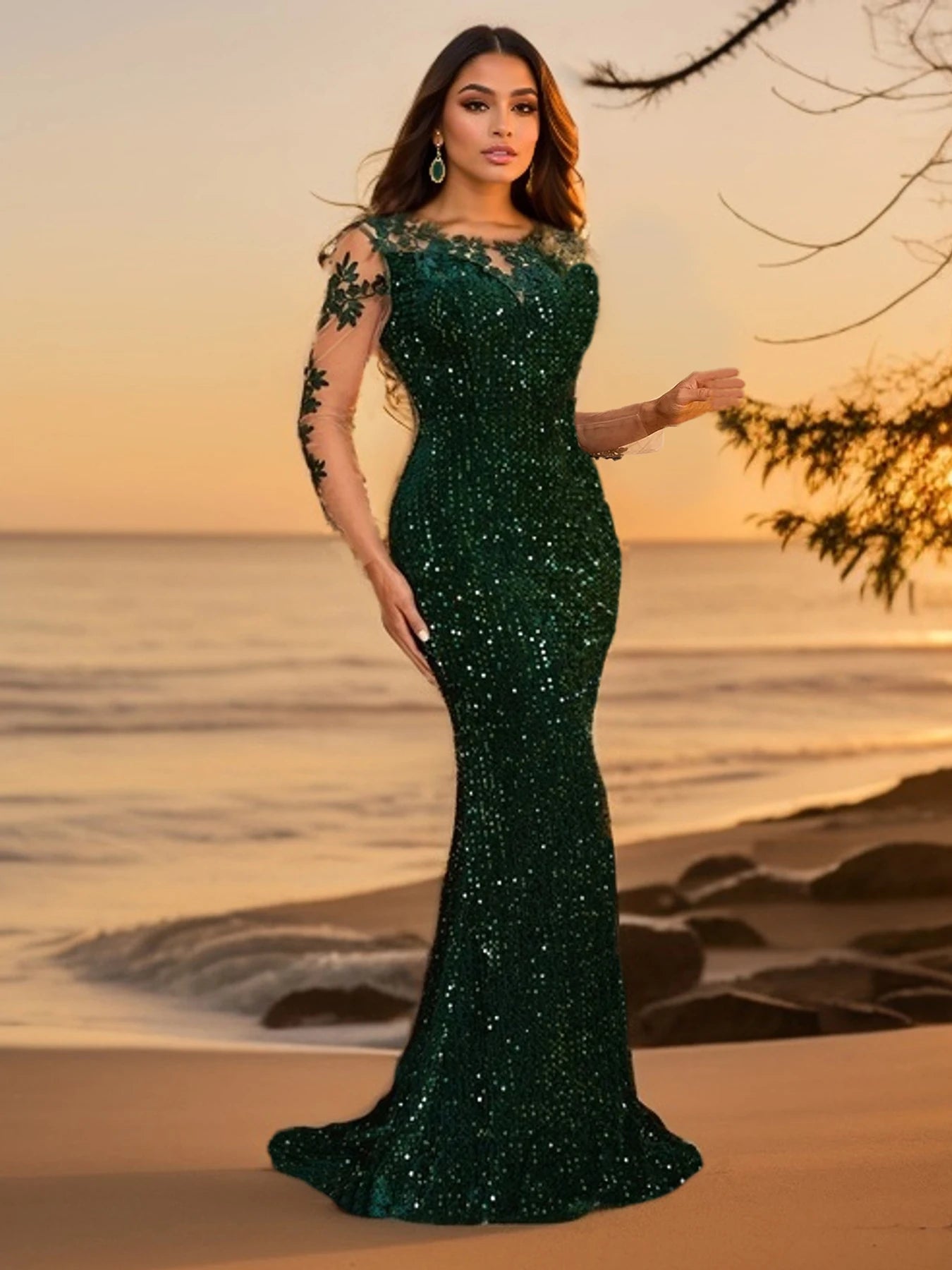 Evening Party Dress O Neck Mesh Long Sleeves With Flowers Green Sequin Ball Gown Celebrity Dress Floor Length Women