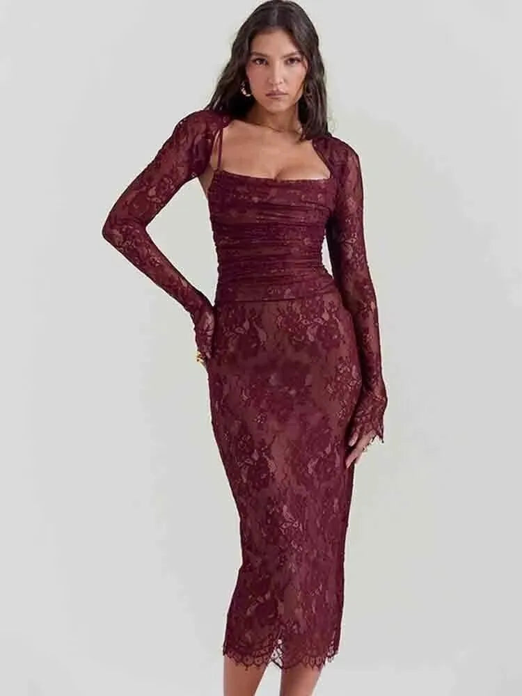 Avrilyaan Lace Print Bodycon Sexy Dress Women Robes Elegant Evening Party Dress Bodycon Spring Midi Long Dress Vestidos