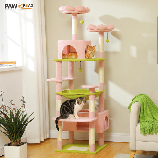 184cm Large Cat Tree Tower for Indoor Cats With Sisal-Covered Scratching Posts Spacious Hammock Padded Perches and Condos Pink