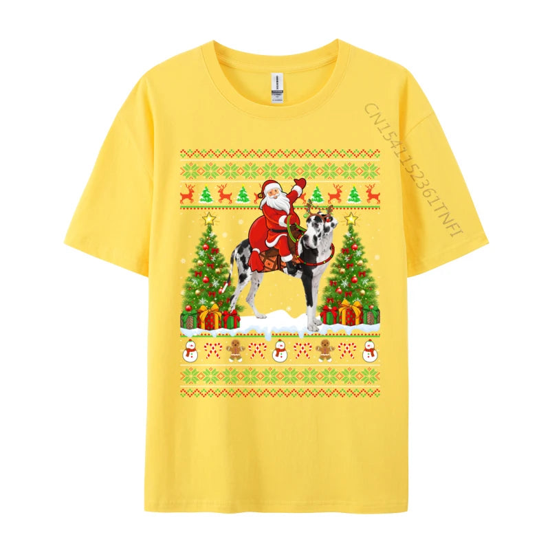 Xmas Sweater Ugly Santa Riding Great Dane Dog Christmas T Shirt Novelty Tees Classic Crew Neck T-Shirts Gift Idea Clothing