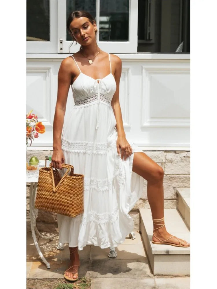 Summer New Women Boho Dress Fashion Spaghetti Strap White Beach Party Dress Robe Femme 2025 Elgeant Casual Female Vestidos