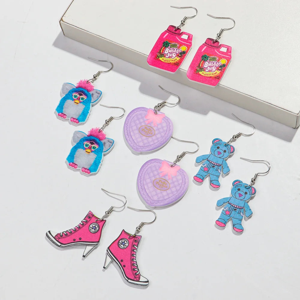 Cute Pink Phone Game Radio High Heels Ring Acrylic Print Earrings for Women Vintage Heart Bear Drop Earring Funny Jewelry