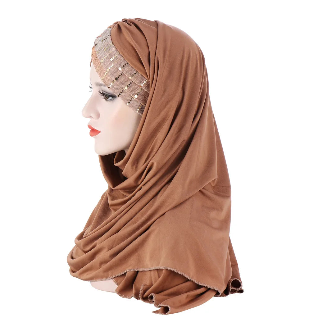 Muslim Fashion Milk Silk Forehead Glitter with Milk Silk Scarf Hat Hat  Hijabs for Woman Cotton Hijab Islamic Clothing