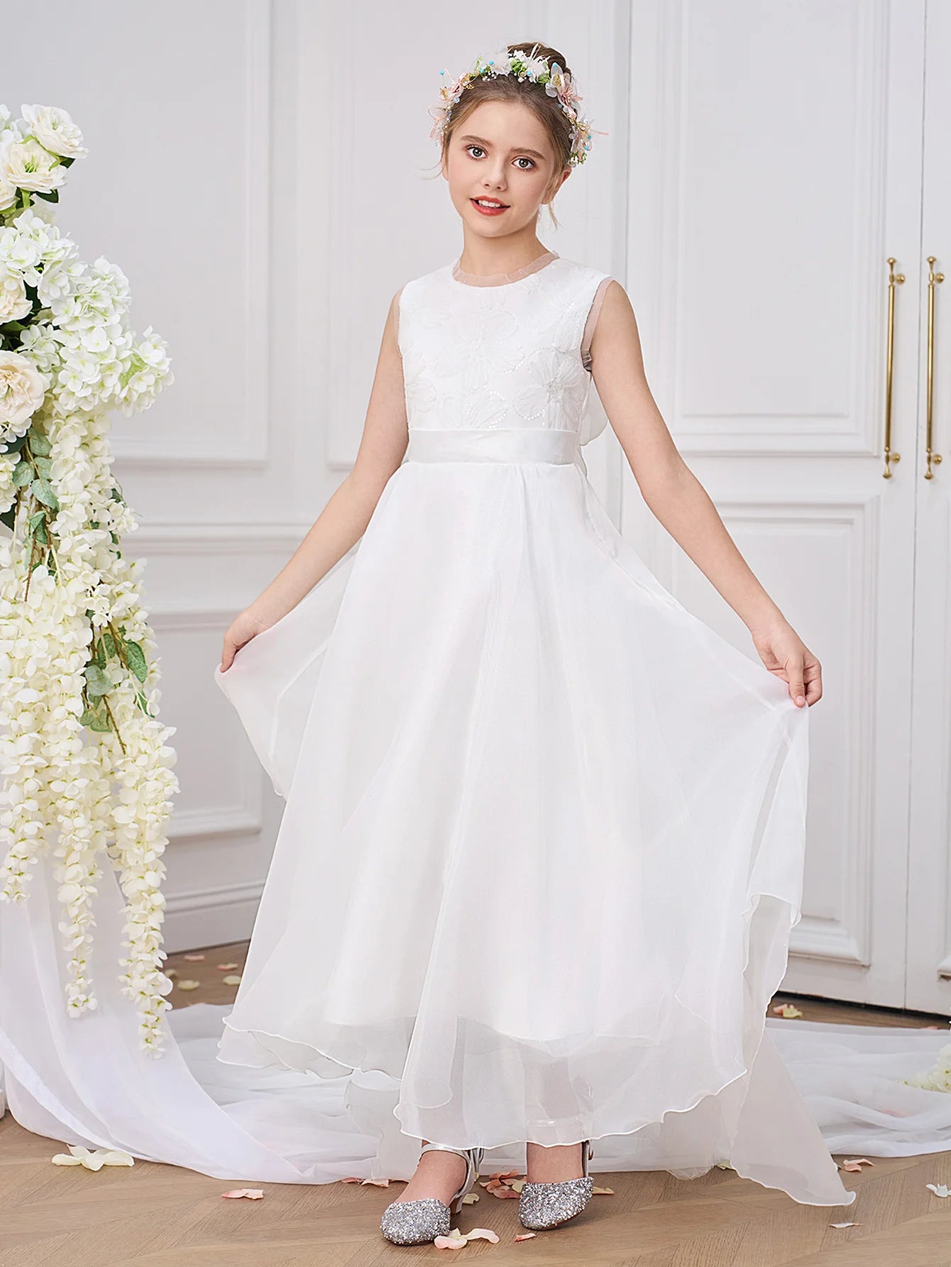 Fashion White Bridesmaids Party Girl Dress Elegant Flower Wedding Princess Prom Gown Kids First Communion Birthday Baptism Dress