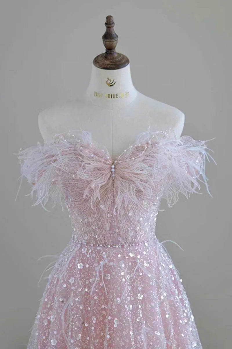Luxury Pink feather Prom dresses women advanced light luxury a word shoulder fairy Evening dress high-end party gown