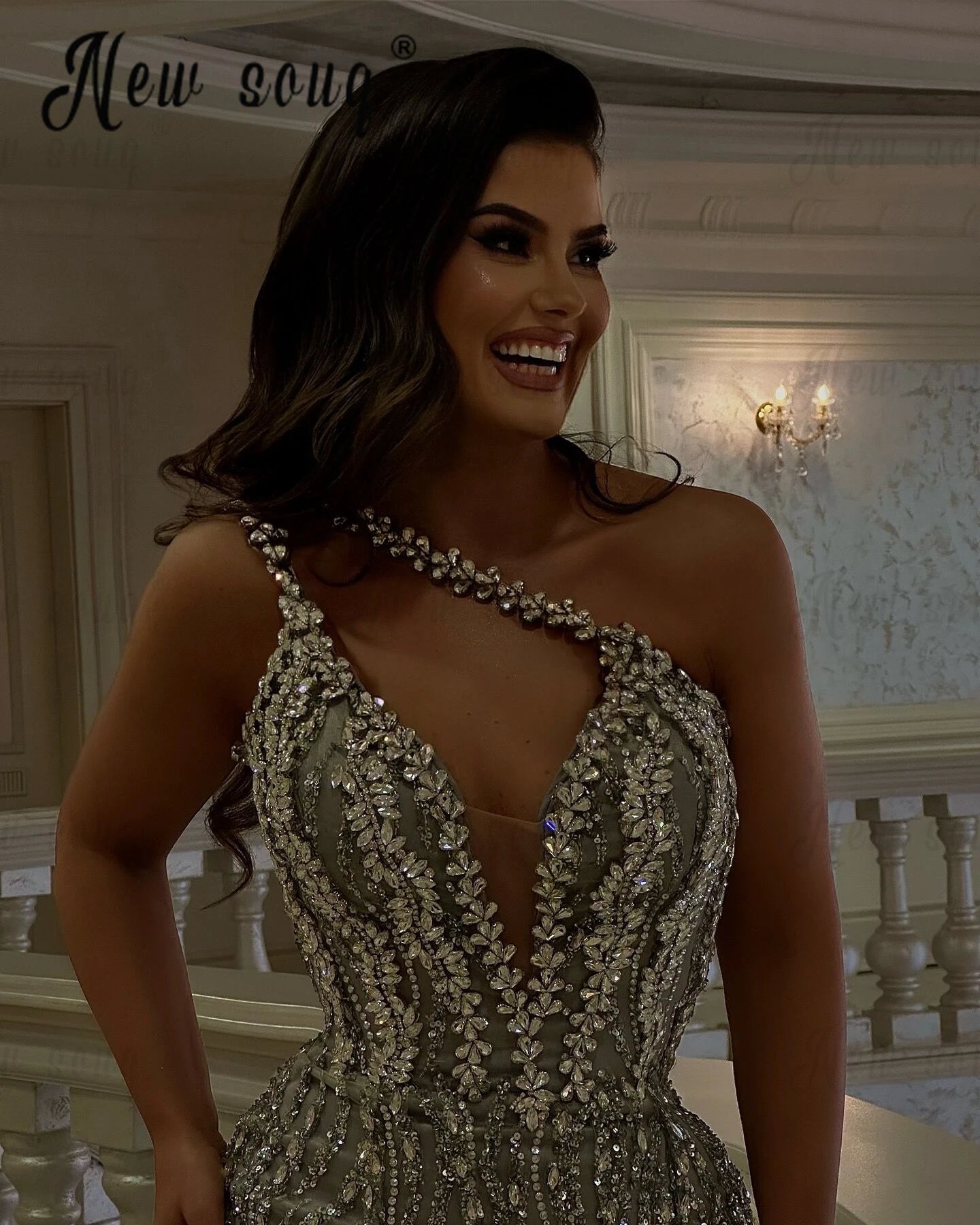 Couture Grey Dress Covered Silver Crystals Cocktail Dresses Sleeveless  Party Gowns Black Girl Stage Pageant Gowns Customized