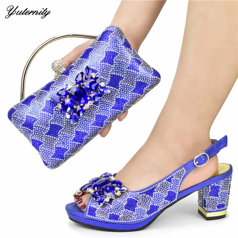 Fuchsia Color PU With Rhinestone Sandal Shoes And Purse Set Italian Design Pumps Shoes And Bag Set For Wedding 5Colors