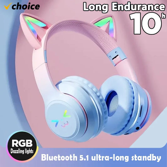 Cat's Ears Headset RGB Light Smile Face TWS Headset Gradient New Headphone Pink Little Girl Earphone Gift Suitable for Any Phone