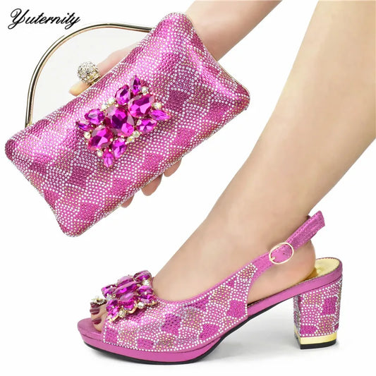 Fuchsia Color PU With Rhinestone Sandal Shoes And Purse Set Italian Design Pumps Shoes And Bag Set For Wedding 5Colors