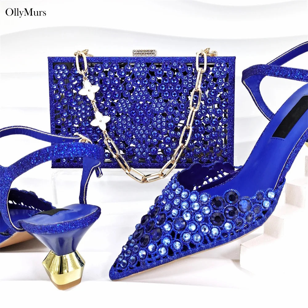 African Elegant Rhinestone Women Pumps Shoes And Bag Set Summer Fashion Sandal High Heels Shoes And Purse Set For Party Dress