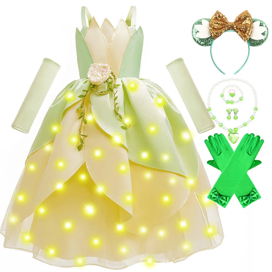 Fancy Girl Princess Tiana Costume Dress The Frog Cosplay Floral LED Light Up Clothing Halloween Girl Kids Christmas Party 2-11T